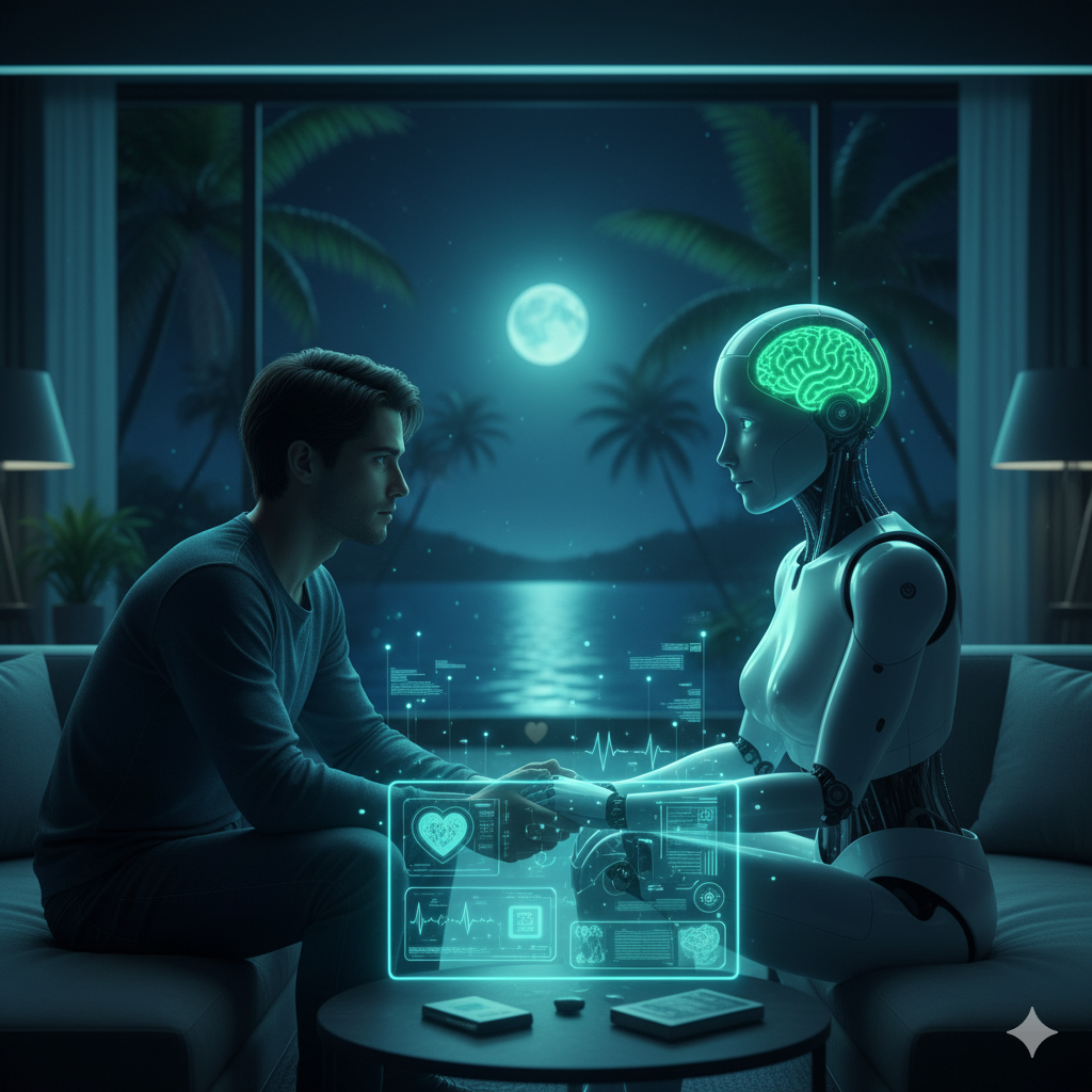 Illustration en bleu nuit et bleu lagon d’un cerveau numérique et de l’océan Pacifique sous la lune à Tahiti, symbolisant le débat en Polynésie française sur l’intelligence artificielle, les relations homme-robot et les enjeux de santé mentale et politiques publiques.