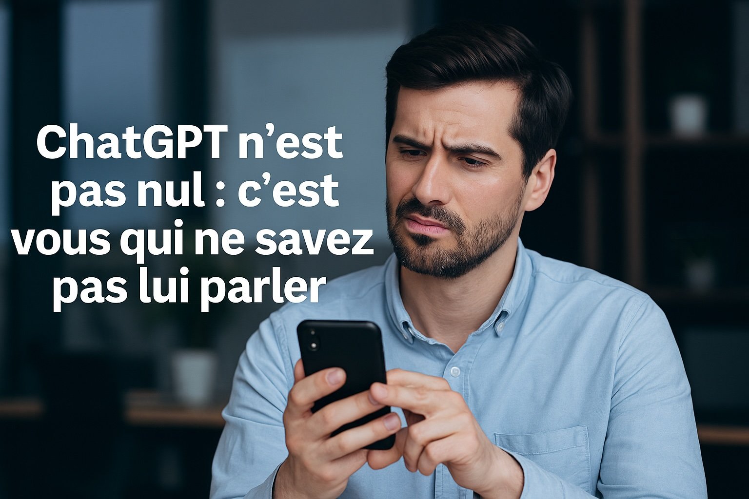 Homme perplexe utilisant son smartphone, découvrant grâce à un site d’information sur l’IA que ChatGPT n’est pas nul, mais qu’il faut savoir formuler des prompts précis – illustration pour un portail internet sur l’IA en Polynésie française et dans le monde entier.