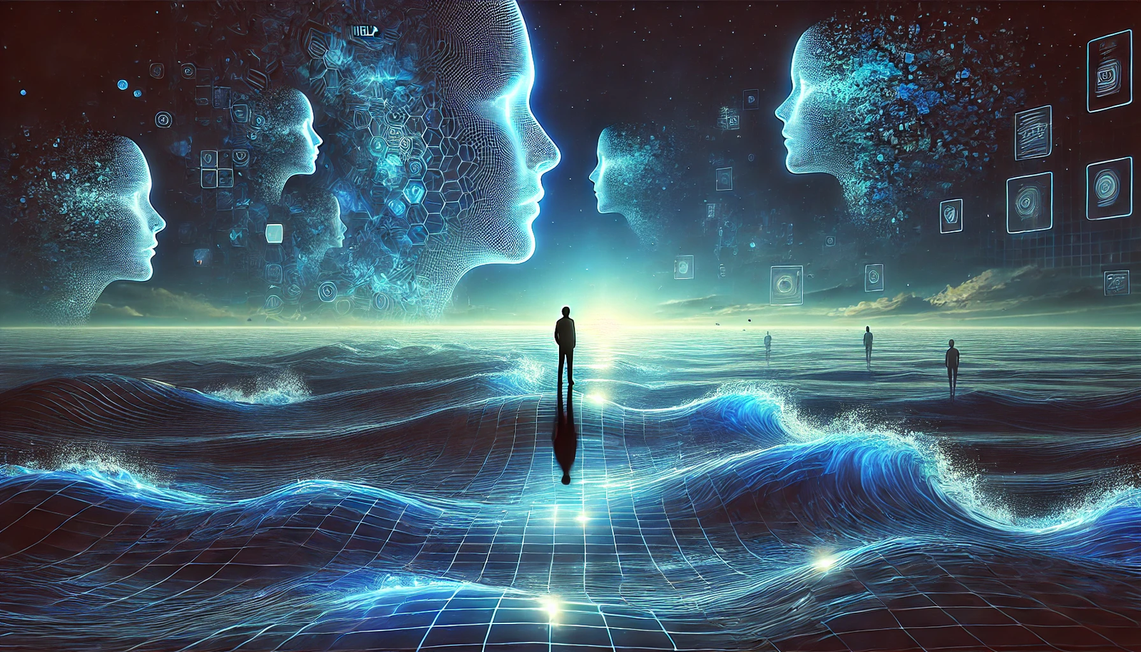 Illustration symbolique de l’éthique de l’intelligence artificielle : un océan de données en nuances de bleu où se dessinent les promesses et les dangers de l’IA, analysés dans un article sur Tahiti et la Polynésie française.