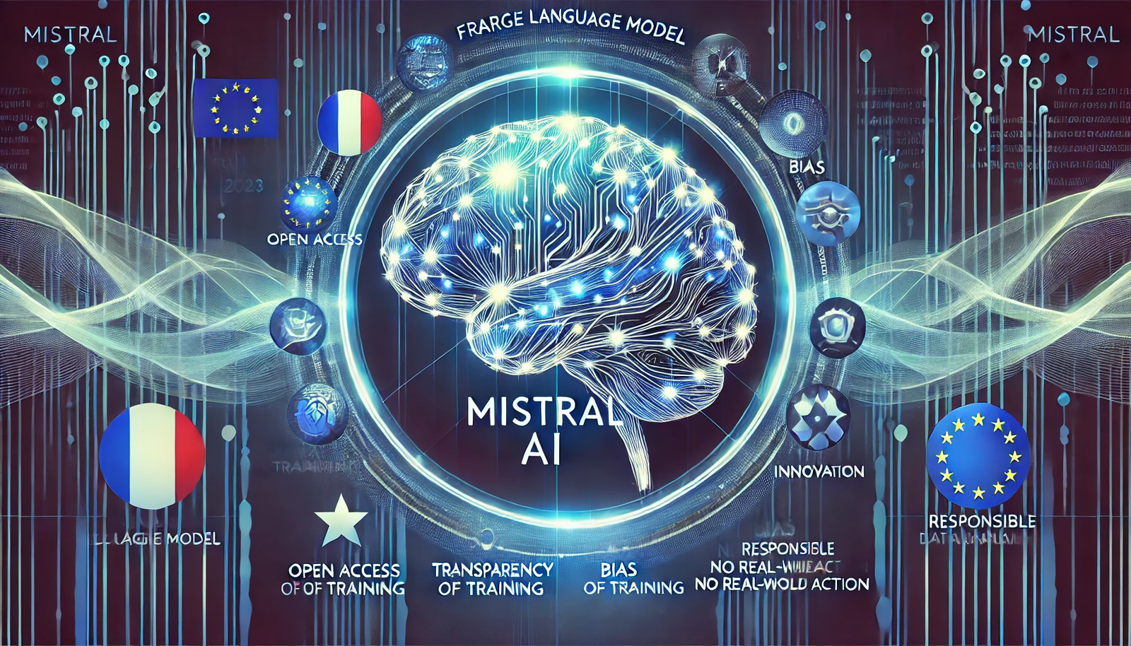 Illustration de Mistral AI, intelligence artificielle française en 2025, connectée à Tahiti et à la Polynésie française, symbolisant innovation, éthique et transparence.
