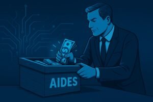 Illustration stylisée en bleu marine d’une silhouette capuche tenant un billet devant un symbole d’IA, représentant les abus des aides publiques en Polynésie française et dans le monde.