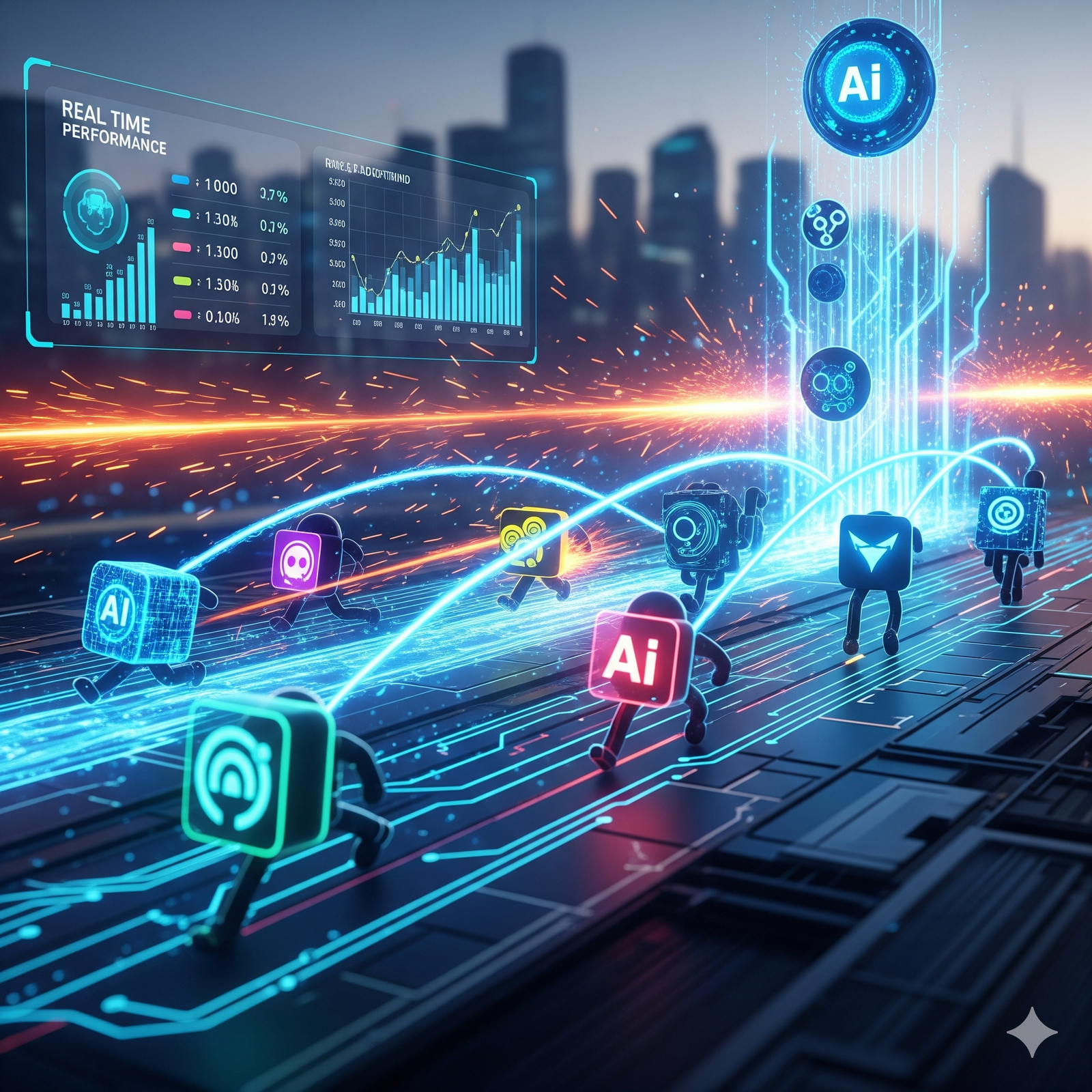 Course de figures stylisées 'AI' sur circuit numérique futuriste avec données et graphiques, symbolisant l'évolution rapide de l'intelligence artificielle et la compétition technologique."