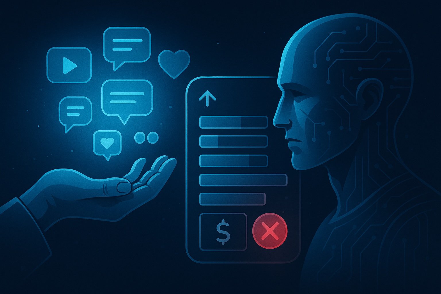 Illustration en bleu électrique d’une main qui partage des messages et d’un visage symbolisant l’IA triant des formulaires, représentant le paradoxe entre l’entraide et le tri financier des demandes, à Tahiti et à l’international.