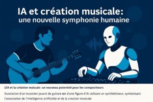 👉 Un guitariste joue aux côtés d’un robot IA utilisant un synthétiseur, symbolisant la rencontre entre musique classique et intelligence artificielle.