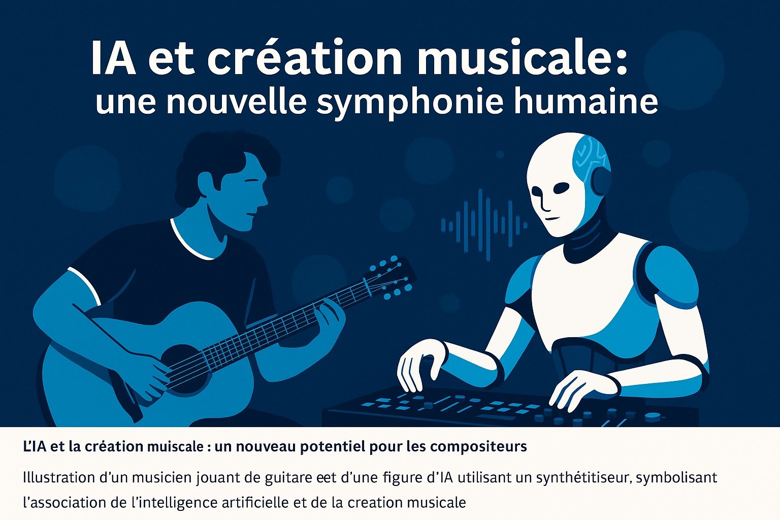 👉 Un guitariste joue aux côtés d’un robot IA utilisant un synthétiseur, symbolisant la rencontre entre musique classique et intelligence artificielle.