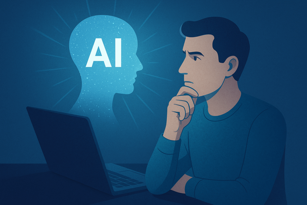 Illustration d’un homme pensif devant une intelligence artificielle, réflexion sur les dérives de l’IA et la perte de l’esprit critique à Tahiti et en Polynésie française.