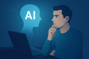 Illustration d’un homme pensif devant une intelligence artificielle, réflexion sur les dérives de l’IA et la perte de l’esprit critique à Tahiti et en Polynésie française.