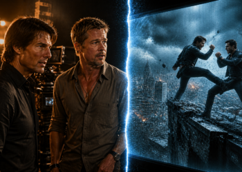 Scène cinématographique divisée en deux : à gauche un plateau Hollywood avec acteurs et caméras, à droite une séquence d'action générée par intelligence artificielle sur écran.