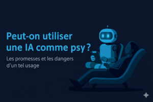 Illustration d’un robot thérapeute et d’un patient pour un article sur l’usage de l’IA comme psy en Polynésie française, débat sur santé mentale et politique publique à Tahiti.