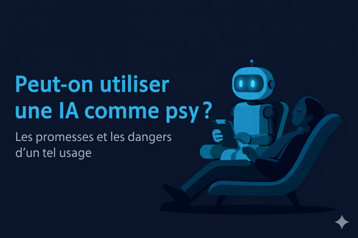Illustration d’un robot thérapeute et d’un patient pour un article sur l’usage de l’IA comme psy en Polynésie française, débat sur santé mentale et politique publique à Tahiti.