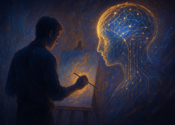 Illustration représentant la rencontre entre la créativité humaine et l’intelligence artificielle, montrant un artiste collaborant avec une interface lumineuse générative, symbolisant la transformation du processus créatif à l’ère numérique.