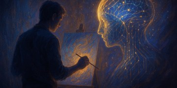 Illustration représentant la rencontre entre la créativité humaine et l’intelligence artificielle, montrant un artiste collaborant avec une interface lumineuse générative, symbolisant la transformation du processus créatif à l’ère numérique.