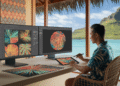 Designer polynésien utilisant l'intelligence artificielle pour créer des visuels modernes dans un studio à Tahiti avec vue sur le lagon