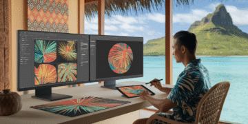 Designer polynésien utilisant l'intelligence artificielle pour créer des visuels modernes dans un studio à Tahiti avec vue sur le lagon