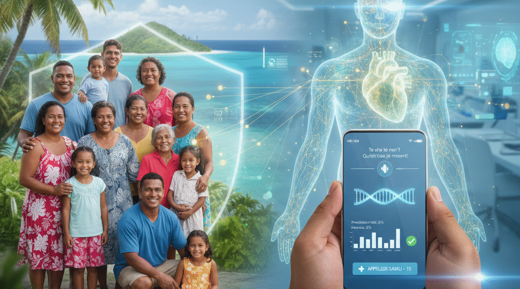 Famille polynésienne souriante et bouclier IA sur île, avec application smartphone de diagnostic médical prédictif et corps humain holographique représentant la santé numérique.