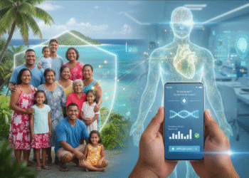 Famille polynésienne souriante et bouclier IA sur île, avec application smartphone de diagnostic médical prédictif et corps humain holographique représentant la santé numérique.