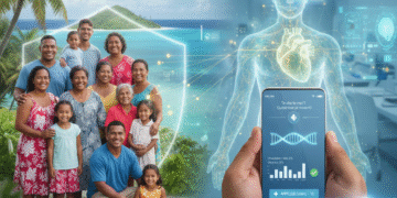 Famille polynésienne souriante et bouclier IA sur île, avec application smartphone de diagnostic médical prédictif et corps humain holographique représentant la santé numérique.