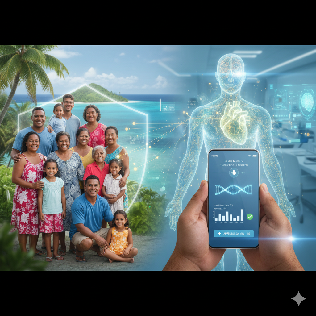 Famille polynésienne souriante et bouclier IA sur île, avec application smartphone de diagnostic médical prédictif et corps humain holographique représentant la santé numérique.