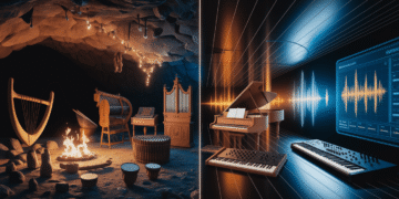 Illustration cinématique montrant une frise chronologique de la musique : flûte préhistorique, lyre antique, orgue baroque, piano classique, synthétiseur moderne, et interface Suno IA sur écran futuriste, éclairage dramatique, ultra-détaillé.