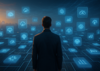 Interface d'un hub IA multimodèle affichant GPT-4, Claude et Gemini sur un écran d'ordinateur, avec paysage d