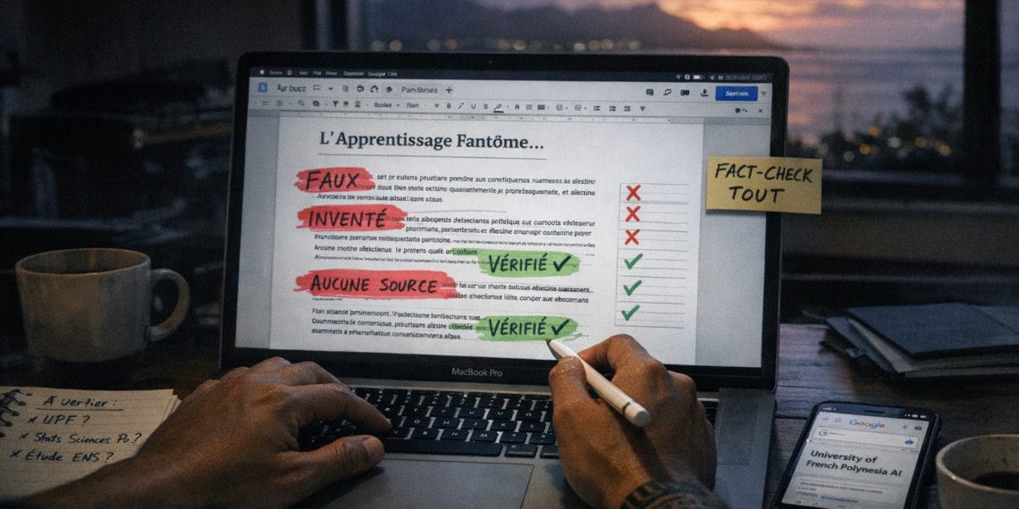 Écran d'ordinateur affichant un document avec des passages surlignés en rouge indiquant "FAUX" et en vert indiquant "VÉRIFIÉ", posé sur un bureau avec vue sur la baie de Papeete au coucher du soleil, symbolisant le fact-checking d'un article généré par intelligence artificielle en Polynésie française