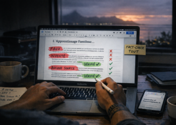 Écran d'ordinateur affichant un document avec des passages surlignés en rouge indiquant "FAUX" et en vert indiquant "VÉRIFIÉ", posé sur un bureau avec vue sur la baie de Papeete au coucher du soleil, symbolisant le fact-checking d'un article généré par intelligence artificielle en Polynésie française