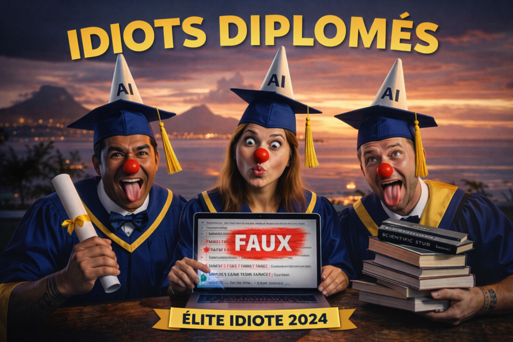 Étudiant polynésien face à un écran projetant des algorithmes d'IA, avec en arrière-plan la baie de Papeete et des livres ouverts symbolisant le savoir traditionnel