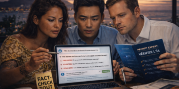 Écran holographique dans un bureau sombre à Tahiti affichant du code qui se transforme en texte mensonger, avec main polynésienne tatouée pointant “generate_plausible_stat()” et carnet “POURQUOI MENS-TU ?”.